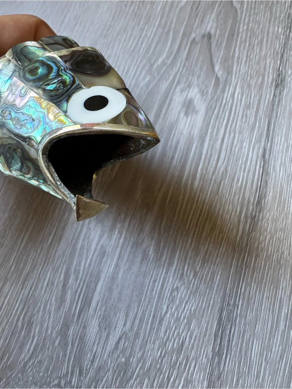 Vintage Articulated Abalone Fish bottle open Mexican silver